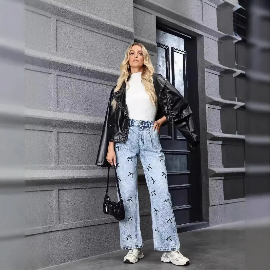 Butterfly Knot Print Straight Jeans