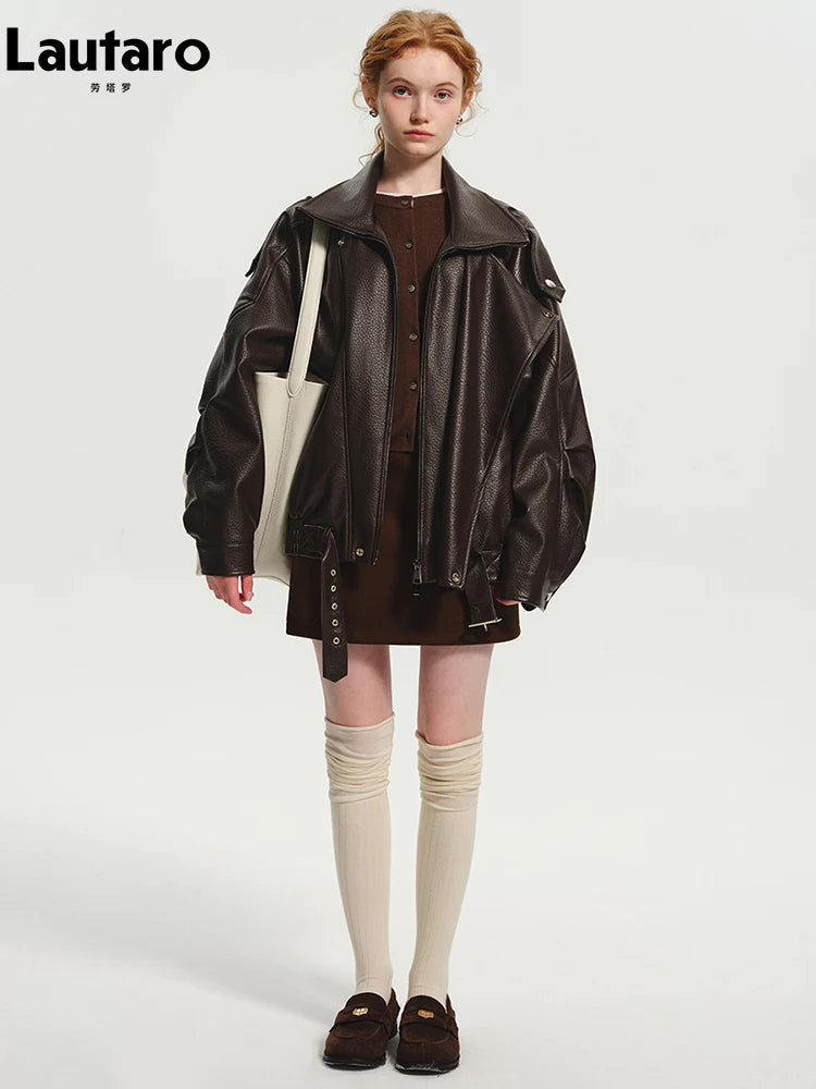 Oversized Brown PU Leather Jacket