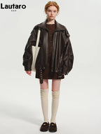 Oversized Brown PU Leather Jacket