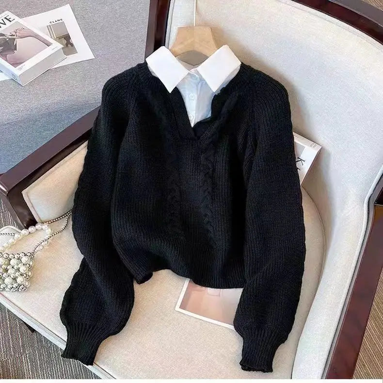 Women's Fake Two-Piece Knitted Hoodie