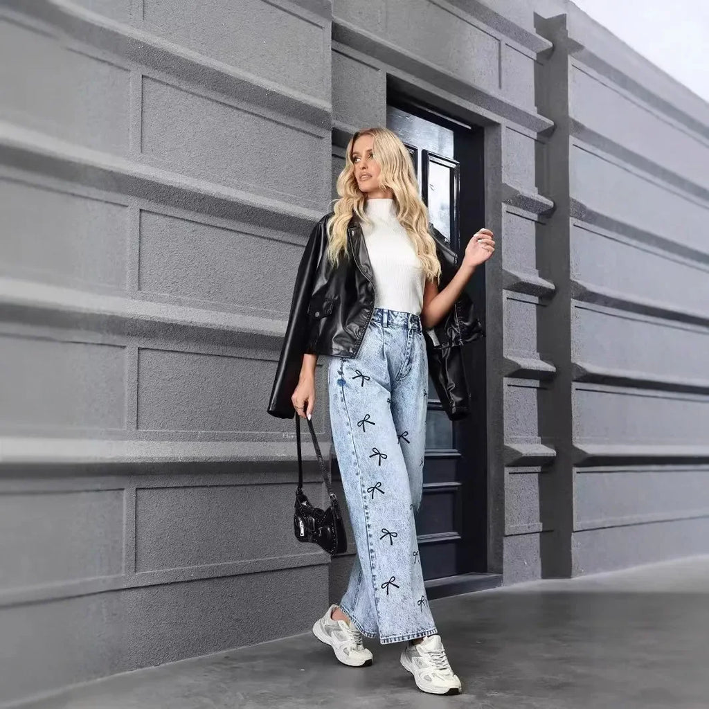 Butterfly Knot Print Straight Jeans