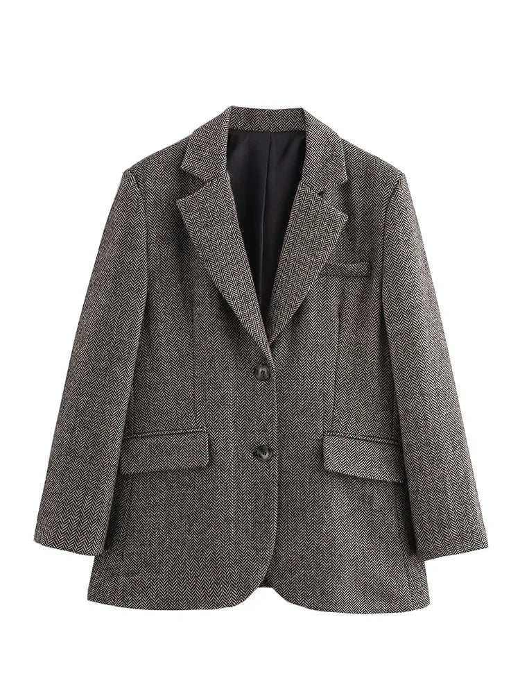 Herringbone Textured Turn-Down Collar Blazer
