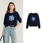 TOYOUTH Women Knitted Sweater 2025 Autumn New Flower Jacquard Color Contrast Long Sleeve Pullover Tops