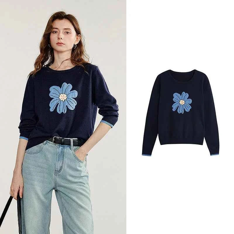 TOYOUTH Women Knitted Sweater 2025 Autumn New Flower Jacquard Color Contrast Long Sleeve Pullover Tops