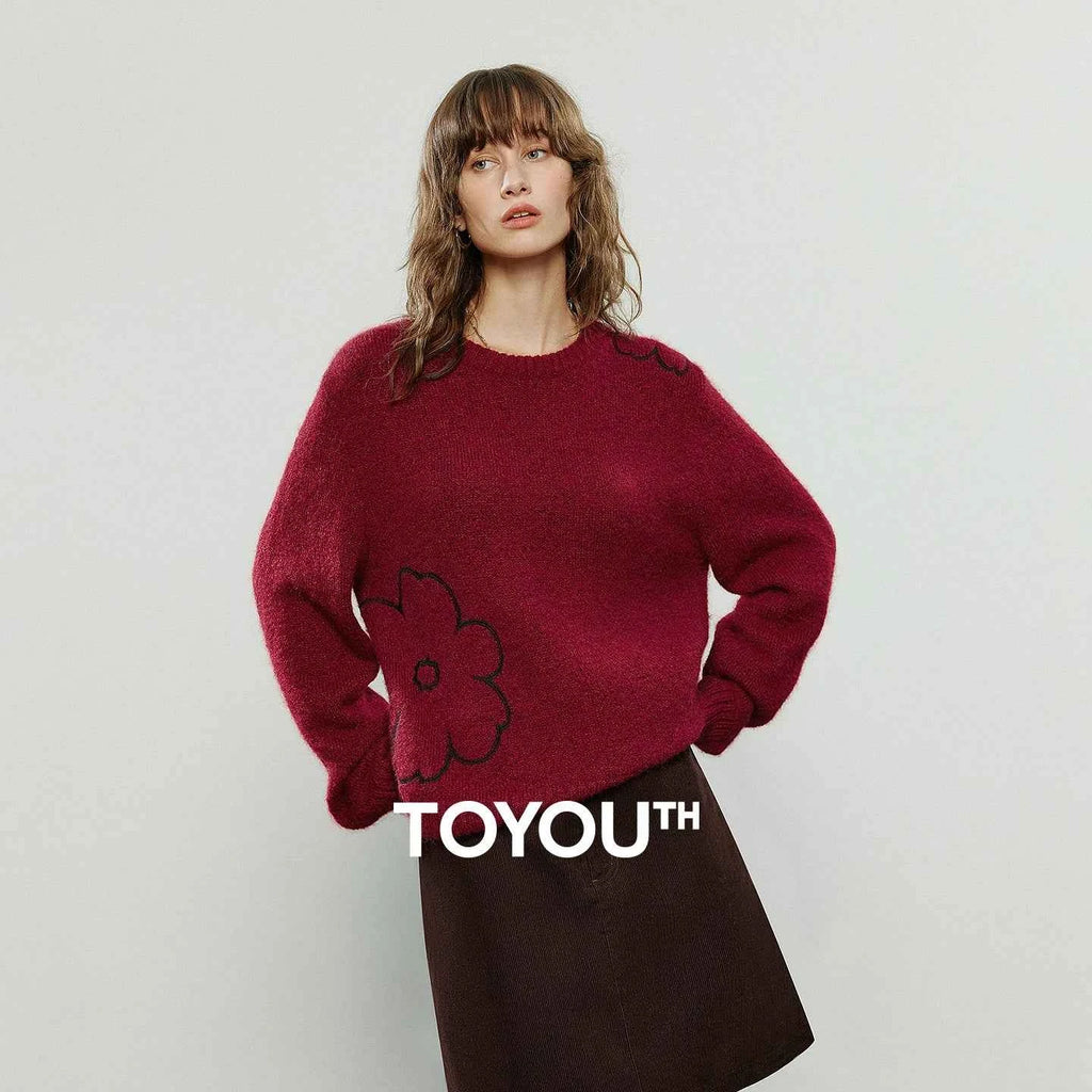 TOYOUTH Women Sweaters 2025 Winter New Crew-neck Loose Glutinous Rice Velvet Texture Flower Embroidery Lazy Atmosphere Tops