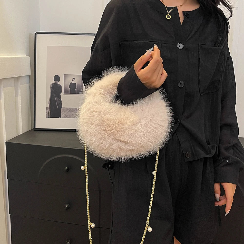 Pearl Accent Circular Fur Bag