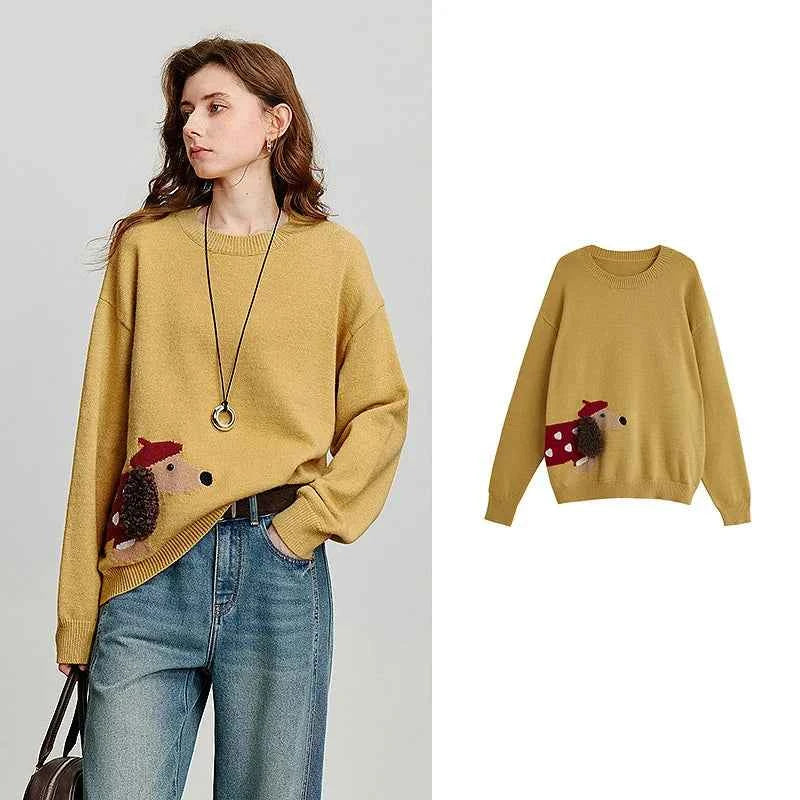 TOYOUTH Women Knitted Sweater 2025 Autumn New Cute Dog Pattern Round Neck Long Sleeve Knitted Pullover Tops Yellow