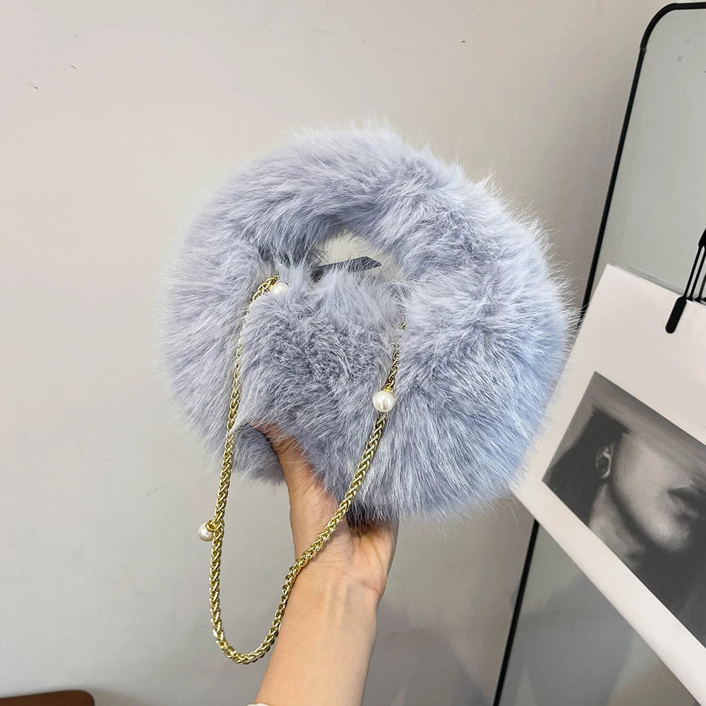 Pearl Accent Circular Fur Bag