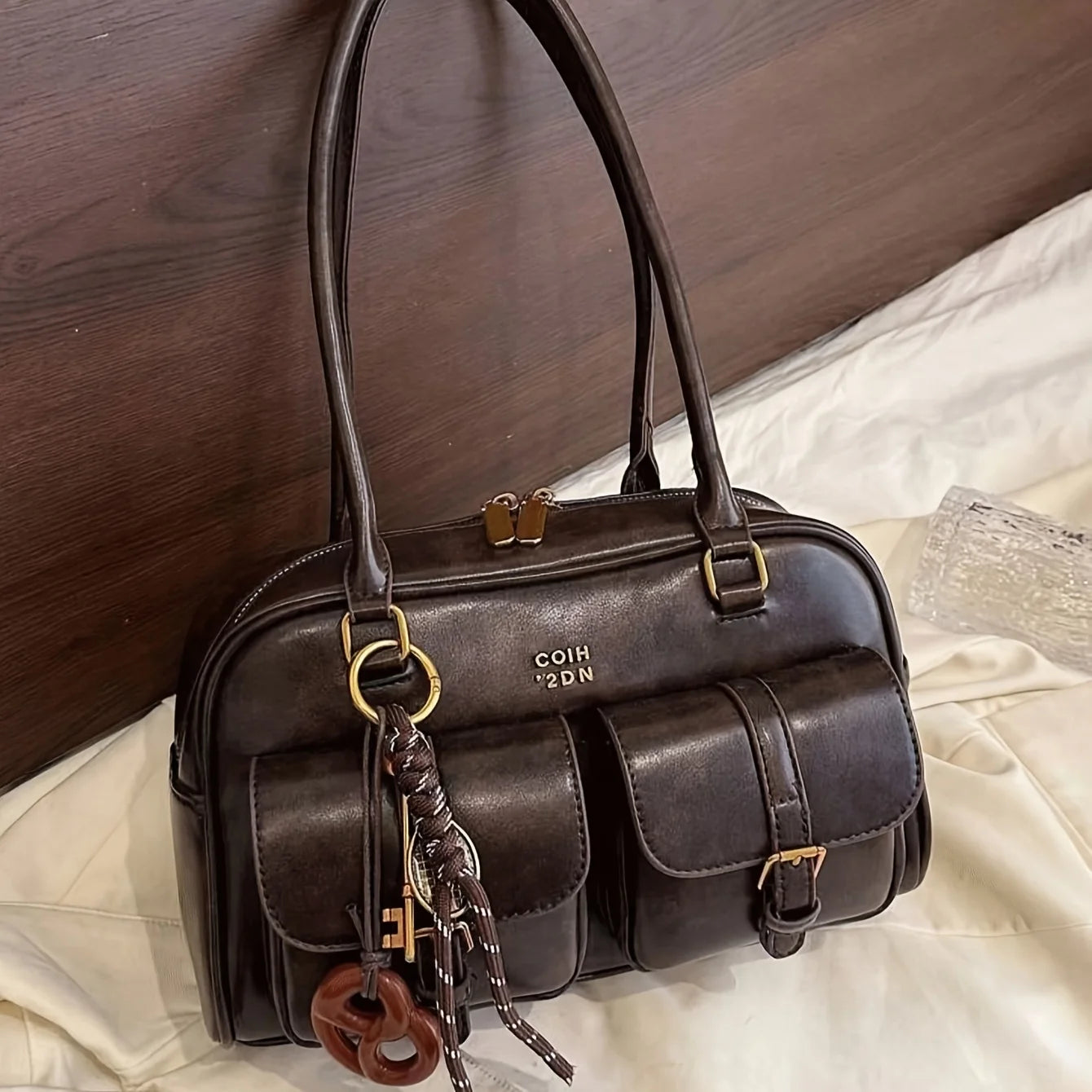 Coffee Brown Letter Crossbody Bag