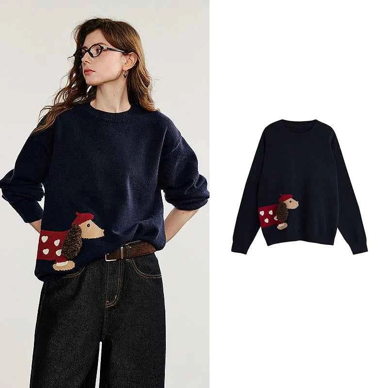 TOYOUTH Women Knitted Sweater 2025 Autumn New Cute Dog Pattern Round Neck Long Sleeve Knitted Pullover Tops Yellow