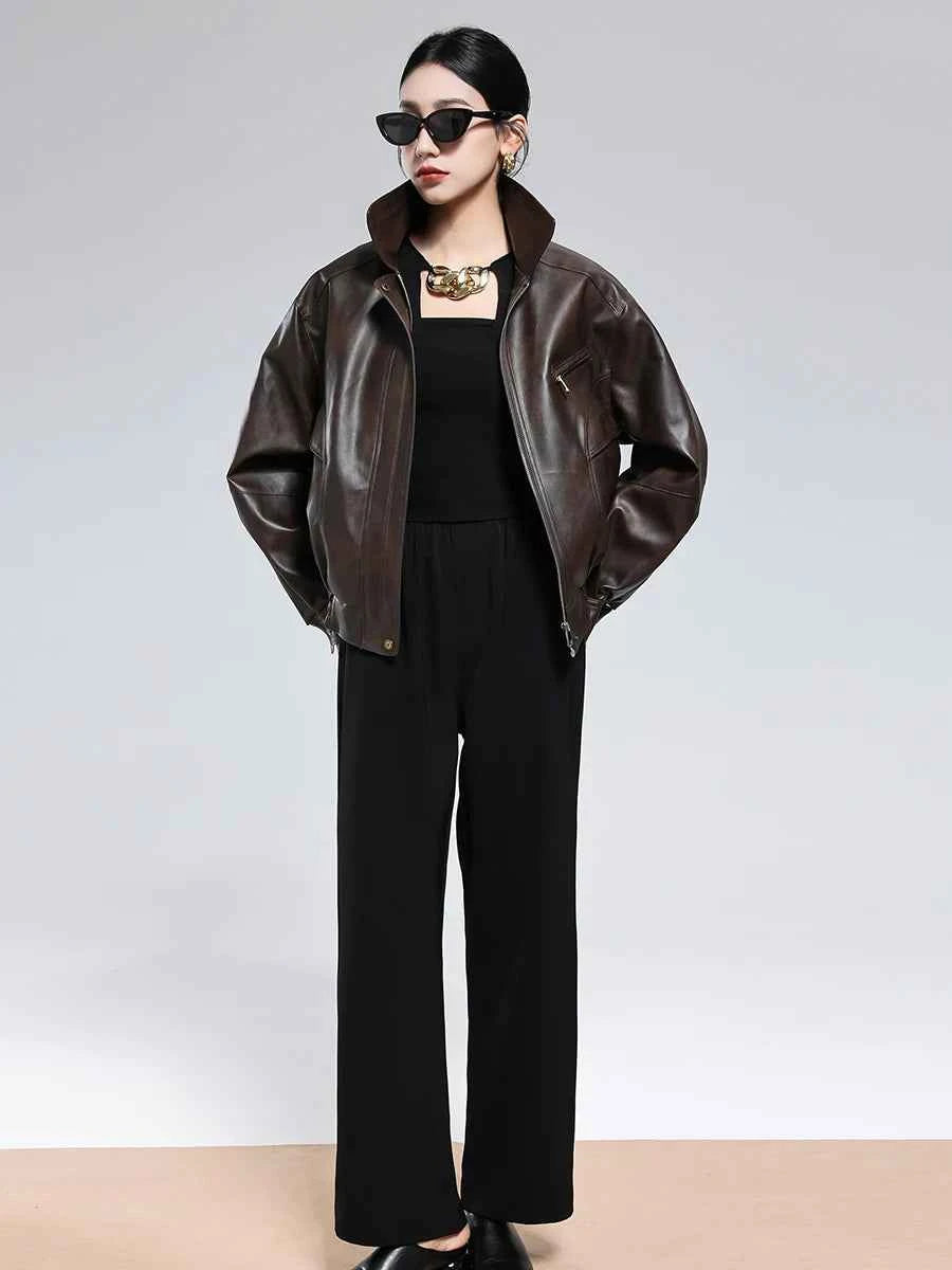 Lautaro Spring Autumn Short Distressed Brown Pu Leather Jacket Women Turn-down Collar Zipper Luxury American Retro Clothing 2025