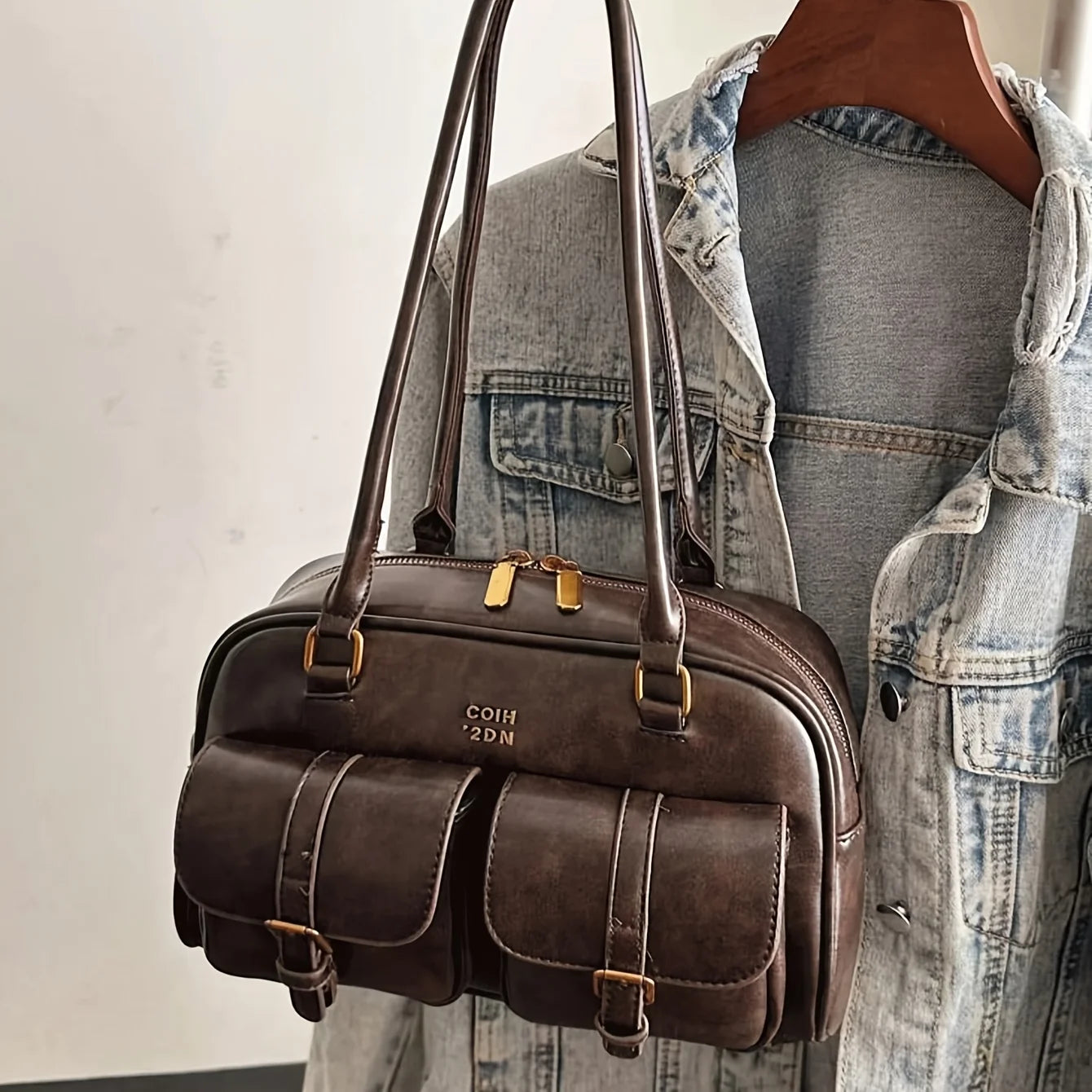 Coffee Brown Letter Crossbody Bag