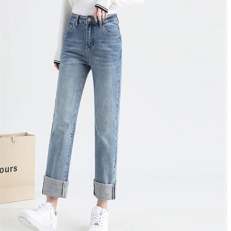 Light Blue Cuffed Straight Jeans