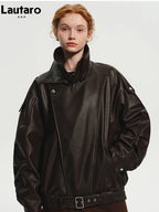 Oversized Brown PU Leather Jacket