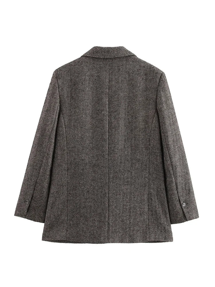 Herringbone Textured Turn-Down Collar Blazer