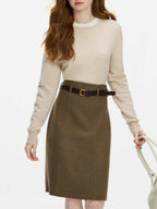 FSLE 100% Wool Seamless One-piece Knit Shirt Sweater For Women Autumn Winter New Design Wool Crew Neck Versatile Casual Sweater