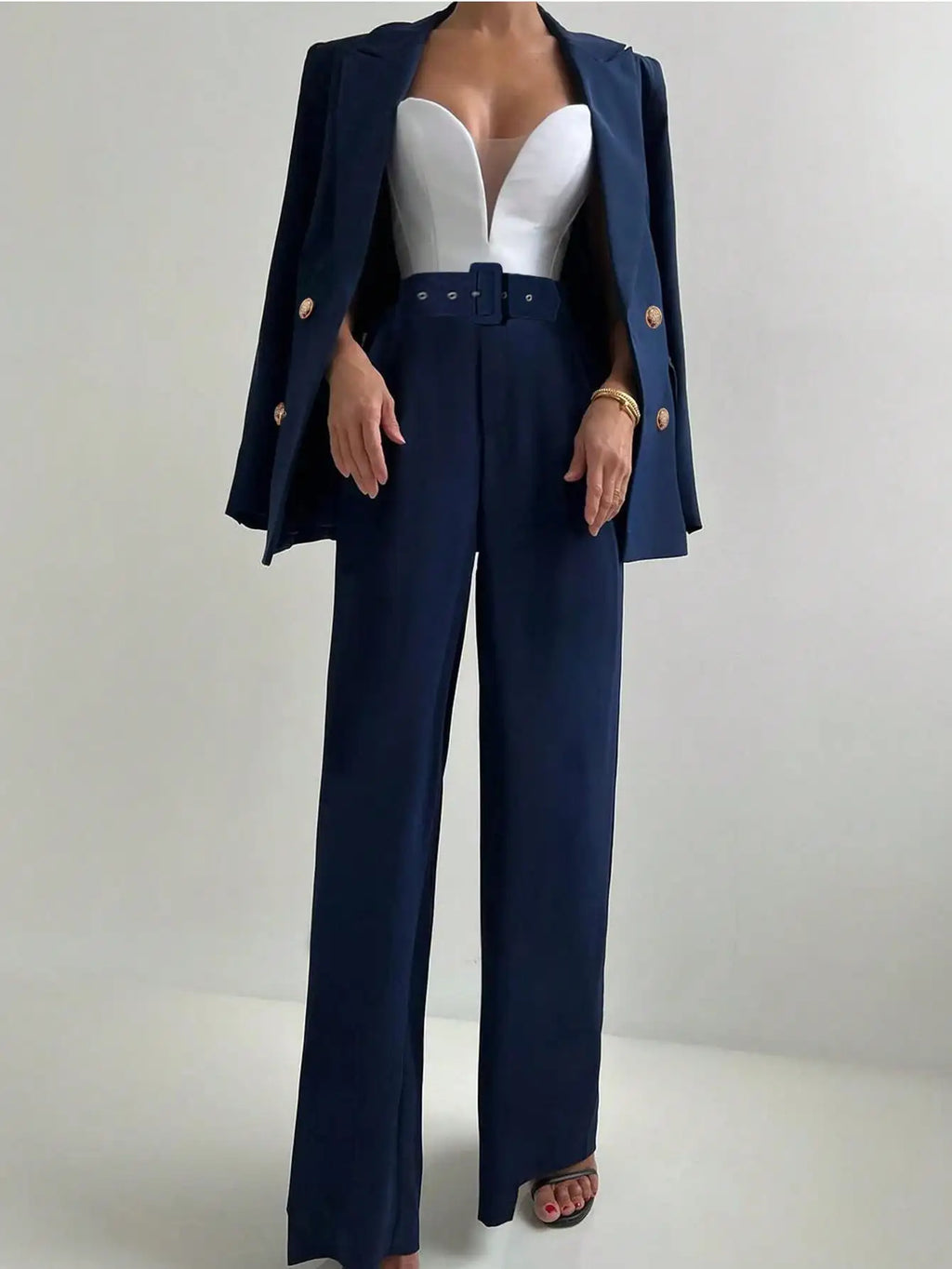 Belted Blazer Elastic Waist Set