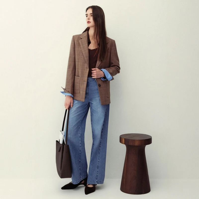 Wool Plaid V-Neck Blazer