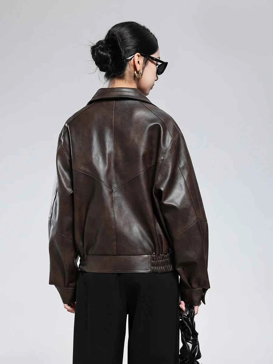 Lautaro Spring Autumn Short Distressed Brown Pu Leather Jacket Women Turn-down Collar Zipper Luxury American Retro Clothing 2025