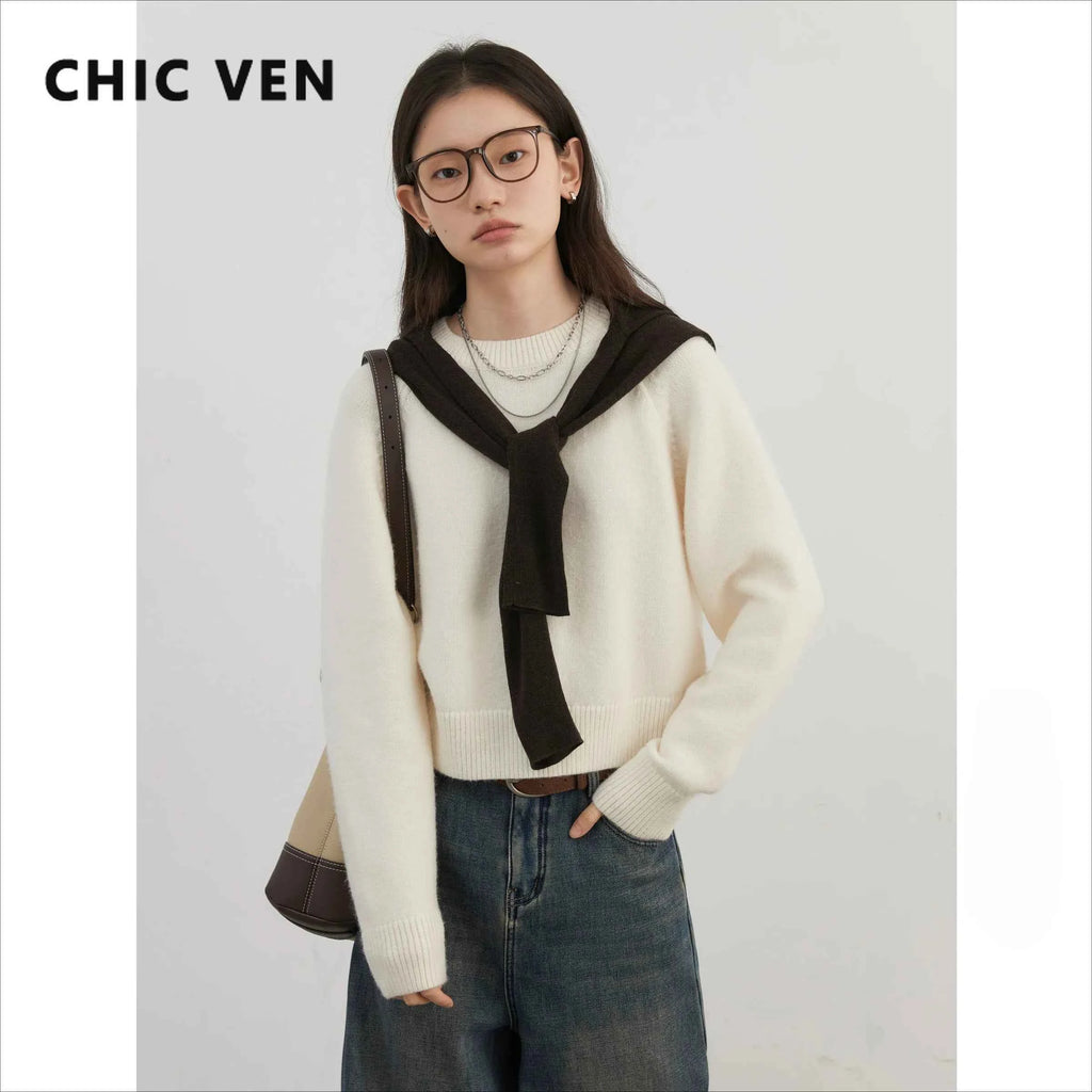 CHIC VEN Women Sweaters Loose New Solid Basic Basic Knitted Jumpers Raglan Sleeves Female Pullovers Autumn Winter 2025