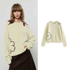 TOYOUTH Women Sweaters 2025 Winter New Crew-neck Loose Glutinous Rice Velvet Texture Flower Embroidery Lazy Atmosphere Tops
