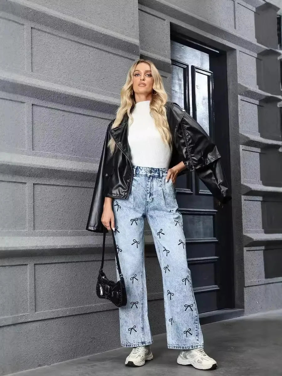 Butterfly Knot Print Straight Jeans