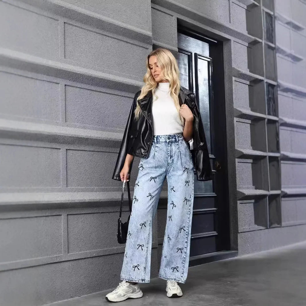 Butterfly Knot Print Straight Jeans