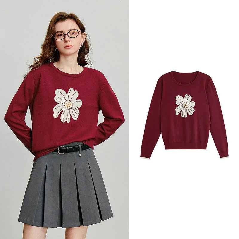 TOYOUTH Women Knitted Sweater 2025 Autumn New Flower Jacquard Color Contrast Long Sleeve Pullover Tops