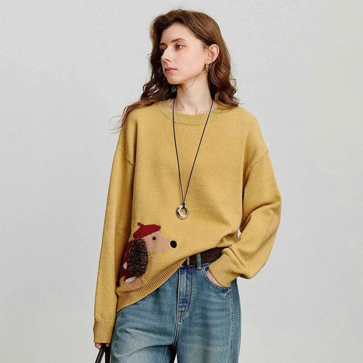 TOYOUTH Women Knitted Sweater 2025 Autumn New Cute Dog Pattern Round Neck Long Sleeve Knitted Pullover Tops Yellow