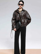 Lautaro Spring Autumn Short Distressed Brown Pu Leather Jacket Women Turn-down Collar Zipper Luxury American Retro Clothing 2025