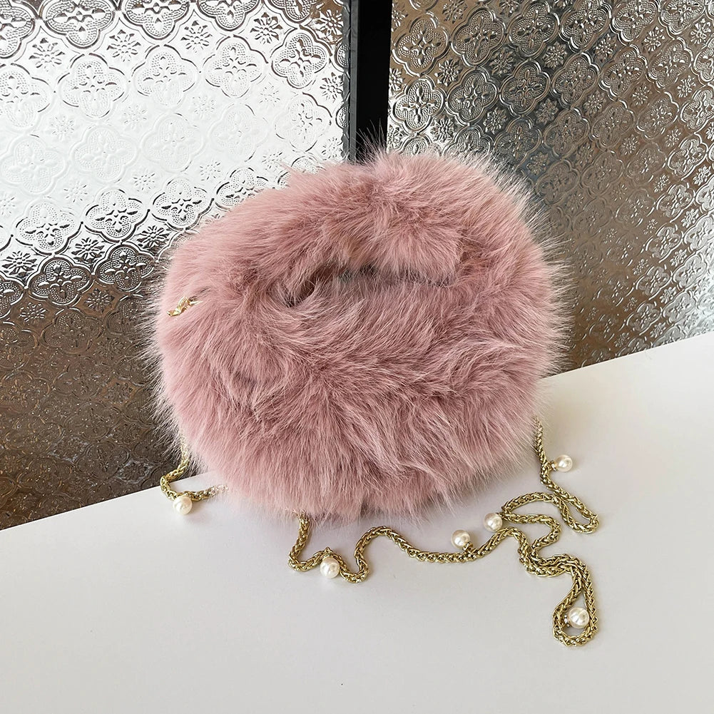 Pearl Accent Circular Fur Bag
