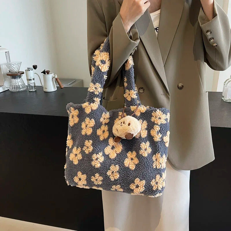 Floral Plush Velvet Tote Bag