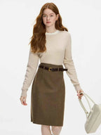 FSLE 100% Wool Seamless One-piece Knit Shirt Sweater For Women Autumn Winter New Design Wool Crew Neck Versatile Casual Sweater