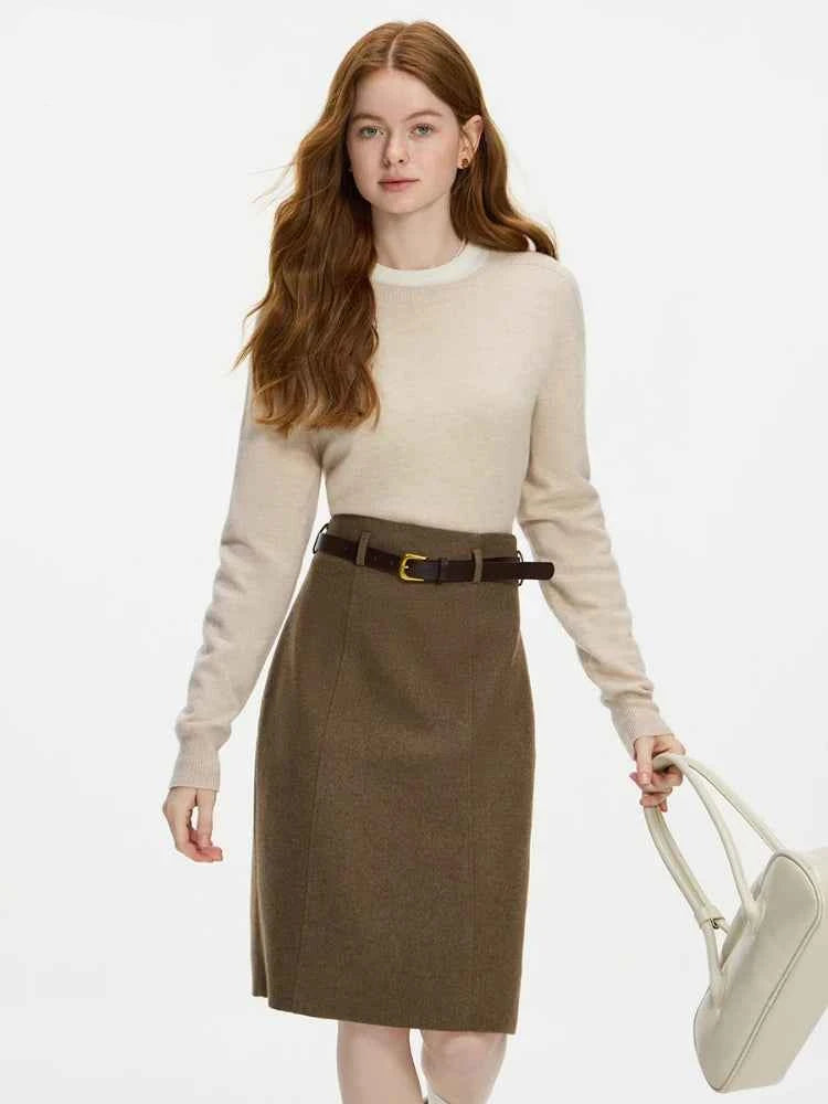 FSLE 100% Wool Seamless One-piece Knit Shirt Sweater For Women Autumn Winter New Design Wool Crew Neck Versatile Casual Sweater