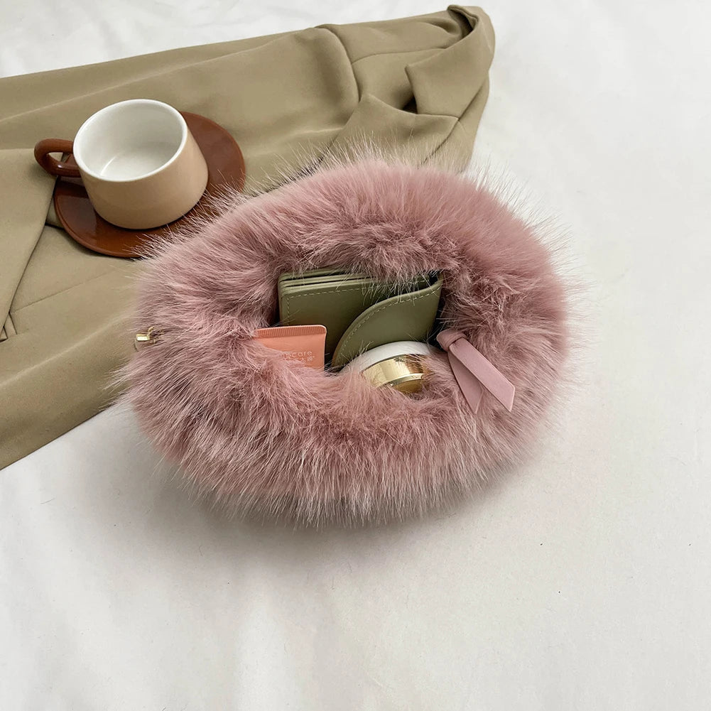 Pearl Accent Circular Fur Bag