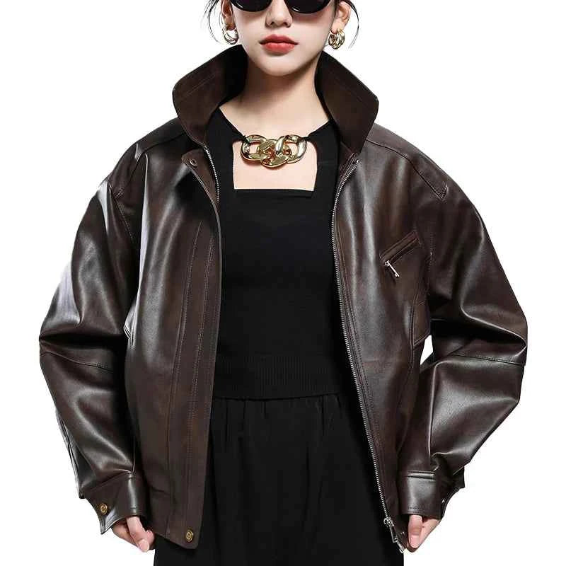 Lautaro Spring Autumn Short Distressed Brown Pu Leather Jacket Women Turn-down Collar Zipper Luxury American Retro Clothing 2025