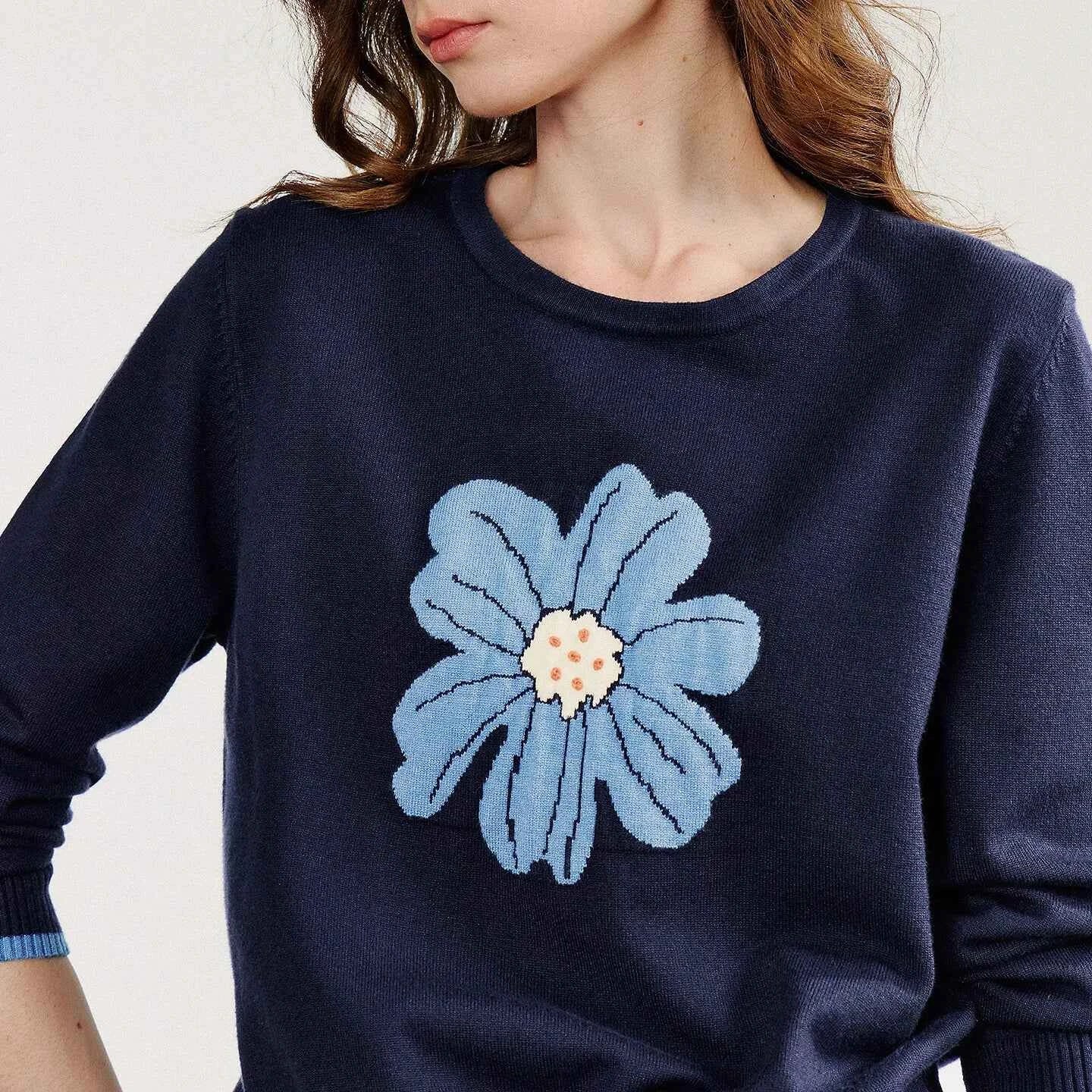 TOYOUTH Women Knitted Sweater 2025 Autumn New Flower Jacquard Color Contrast Long Sleeve Pullover Tops