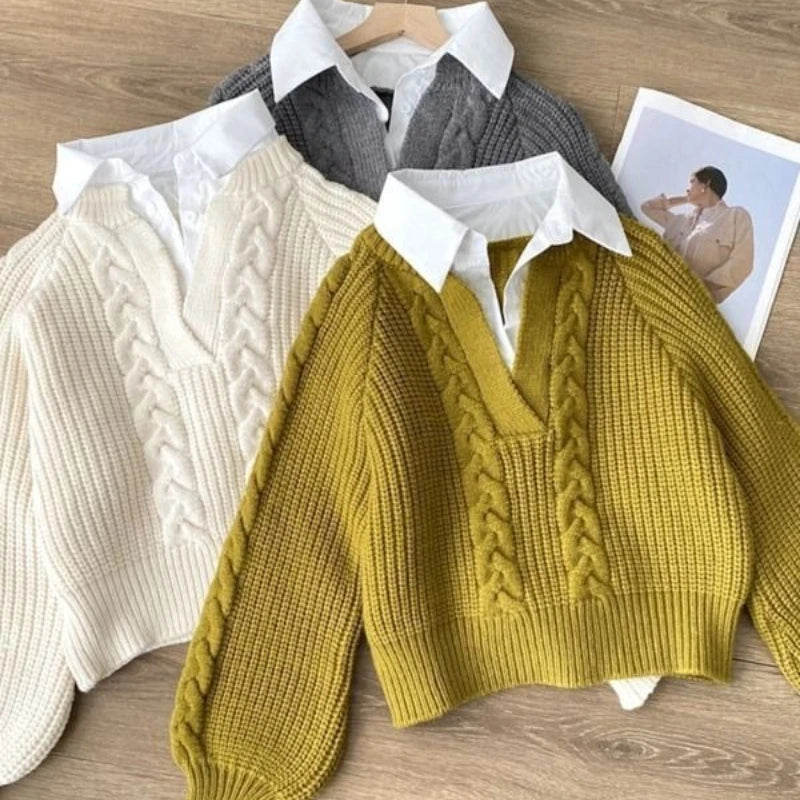 Women's Fake Two-Piece Knitted Hoodie