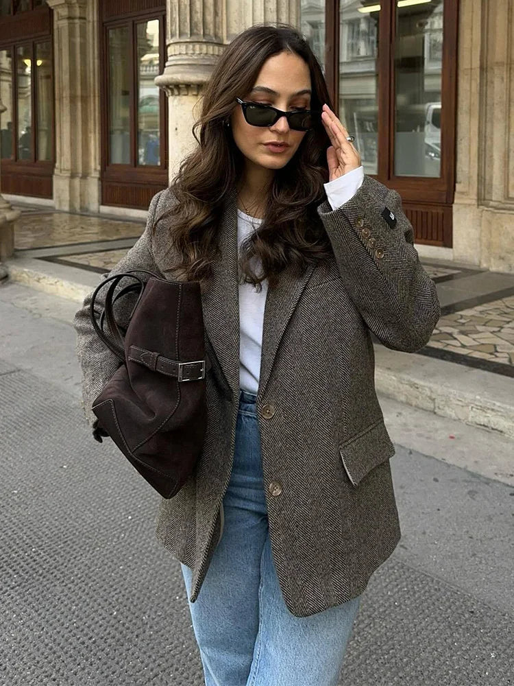 Herringbone Textured Turn-Down Collar Blazer