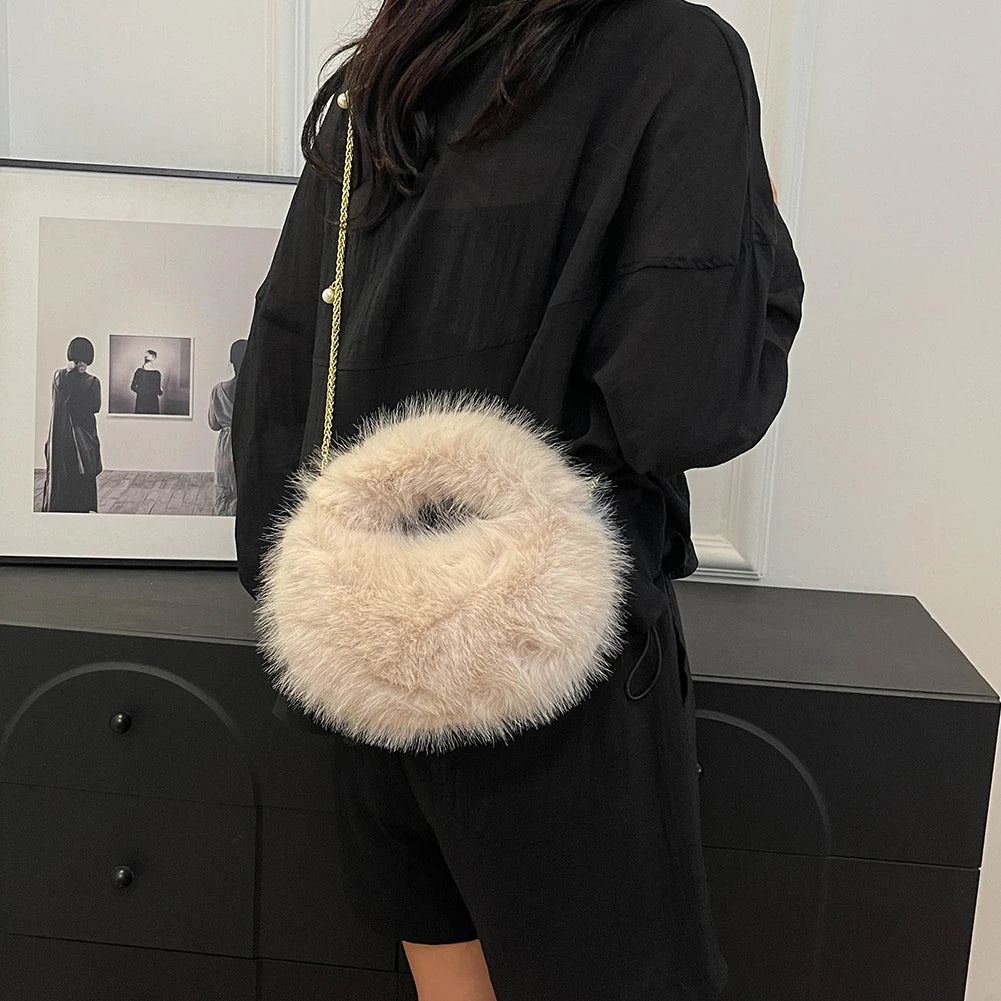 Pearl Accent Circular Fur Bag