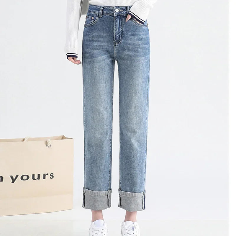 Light Blue Cuffed Straight Jeans