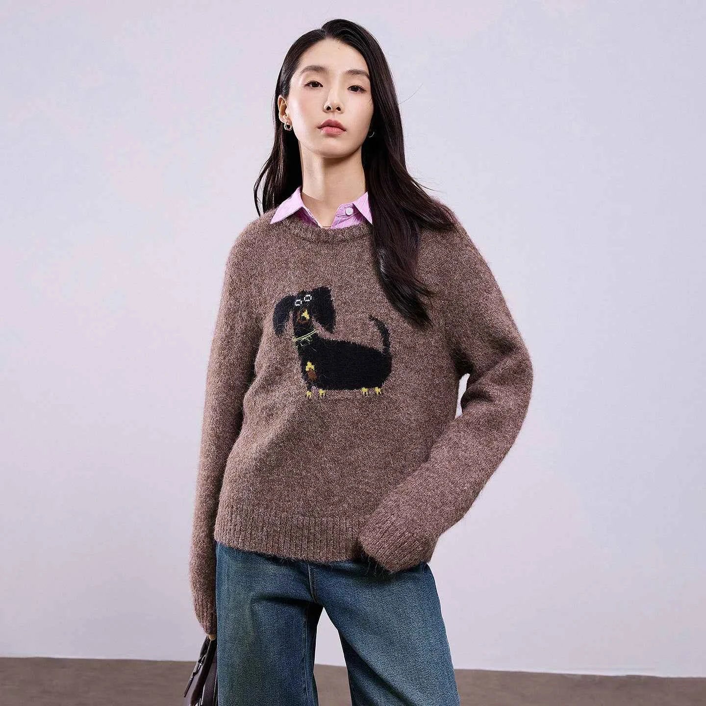 TOYOUTH Women Sweaters 2025 Autumn NewAsymmetric Retro Long-haired Knitted Jacquard Crew Neck Design Pullover Tops