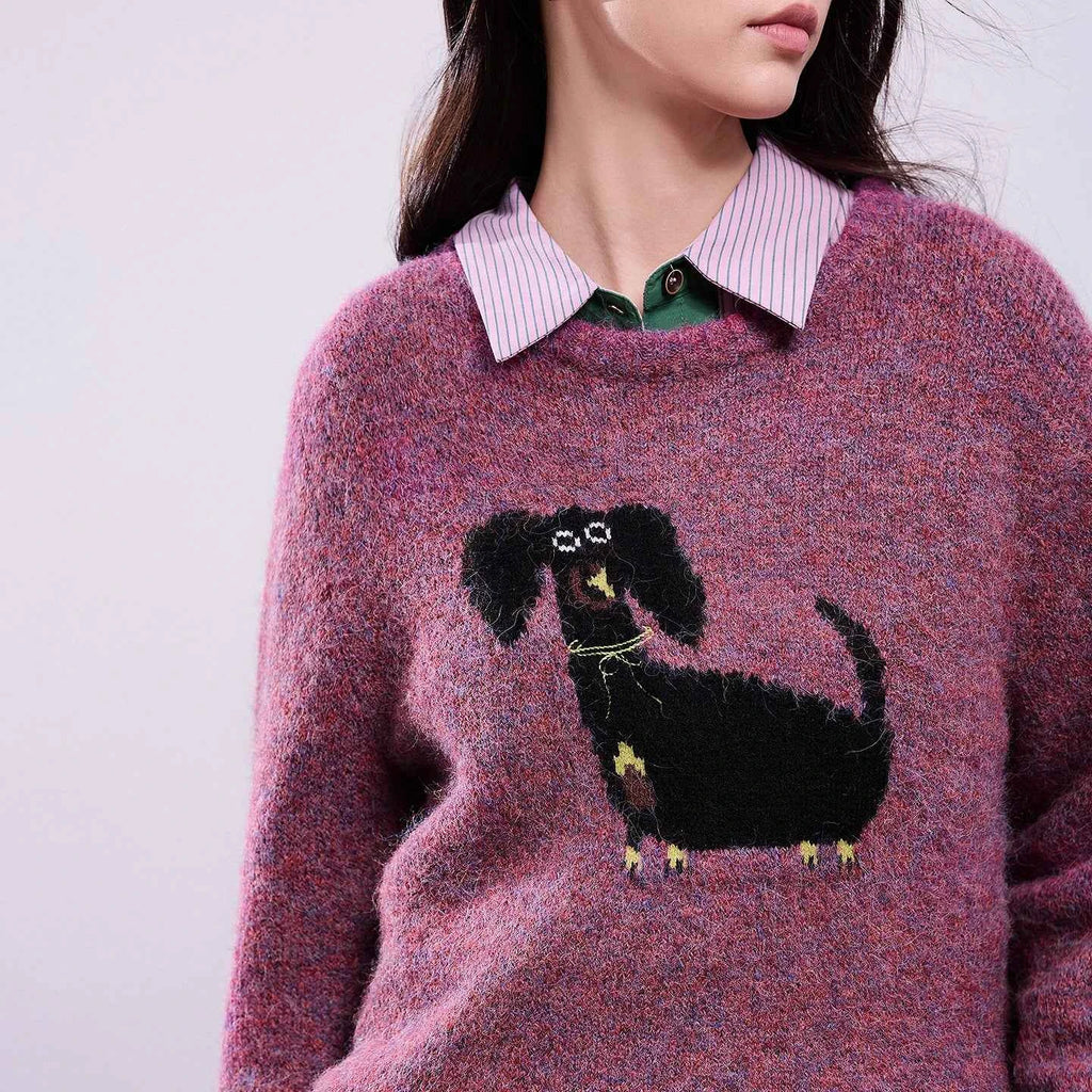 TOYOUTH Women Sweaters 2025 Autumn NewAsymmetric Retro Long-haired Knitted Jacquard Crew Neck Design Pullover Tops