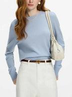 FSLE 100% Wool Seamless One-piece Knit Shirt Sweater For Women Autumn Winter New Design Wool Crew Neck Versatile Casual Sweater