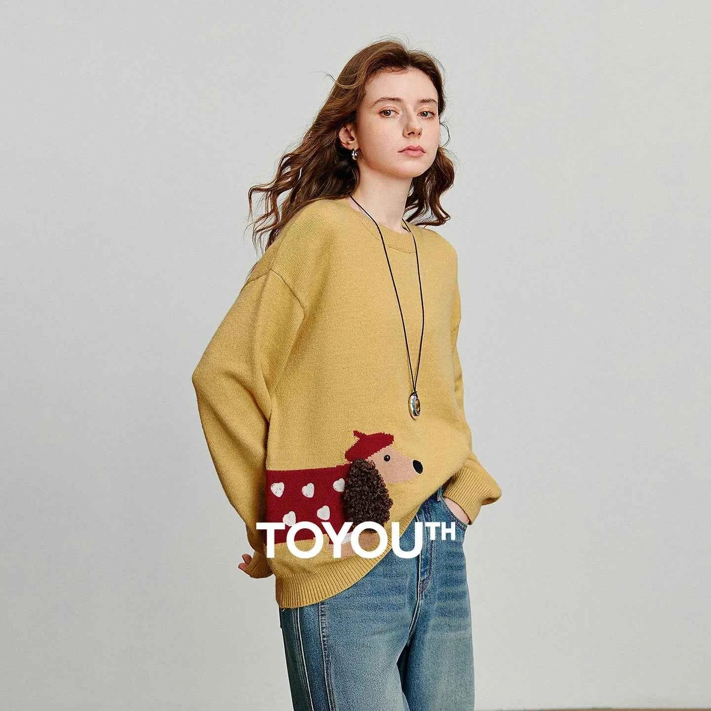 TOYOUTH Women Knitted Sweater 2025 Autumn New Cute Dog Pattern Round Neck Long Sleeve Knitted Pullover Tops Yellow