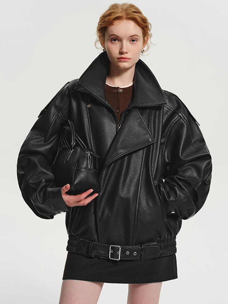 Oversized Brown PU Leather Jacket