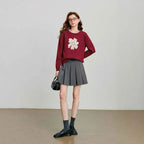 TOYOUTH Women Knitted Sweater 2025 Autumn New Flower Jacquard Color Contrast Long Sleeve Pullover Tops