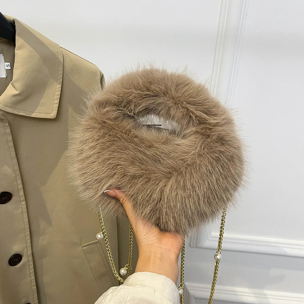 Pearl Accent Circular Fur Bag