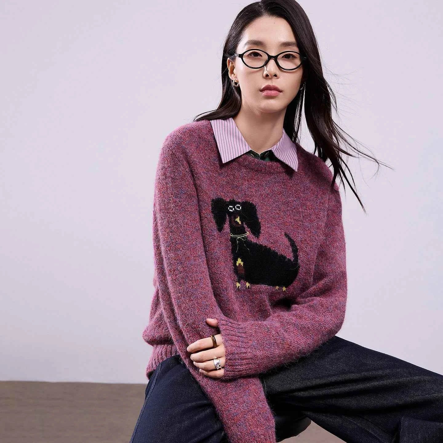 TOYOUTH Women Sweaters 2025 Autumn NewAsymmetric Retro Long-haired Knitted Jacquard Crew Neck Design Pullover Tops