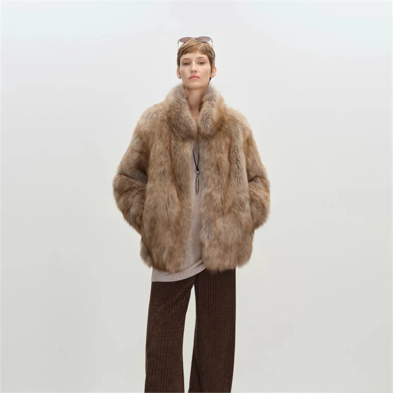 Stand Collar Faux Fur Coat